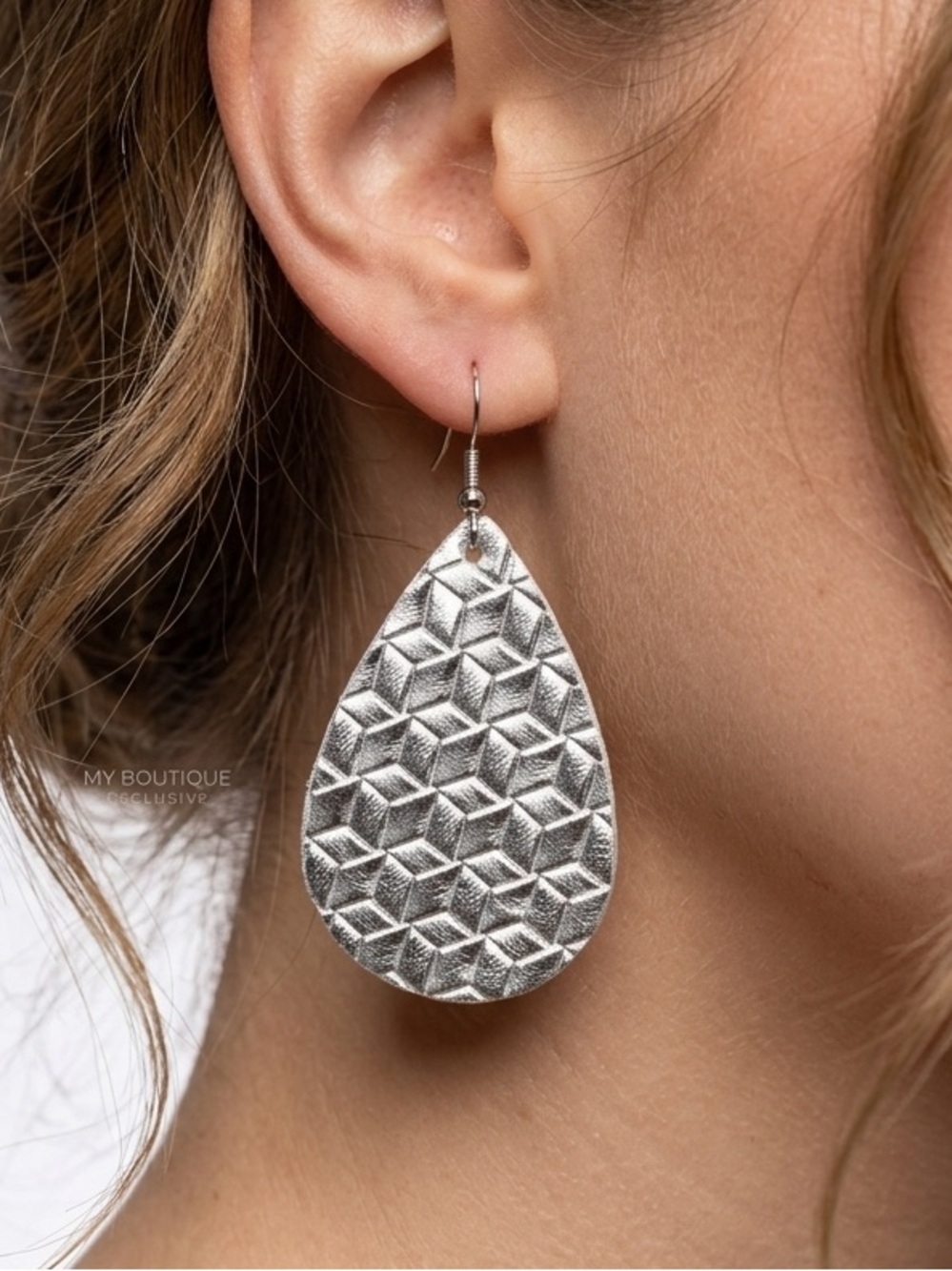 Silver Textured Teardrop Earrings | Geometric Basketweave Dangle